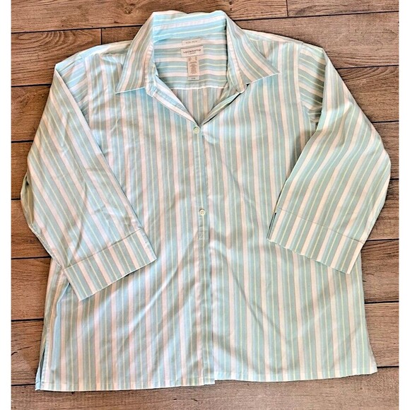 Liz Claiborne Womens Non-Iron Blue Yellow Striped Button Up Shirt Blouse~Sz XL - Picture 1 of 5